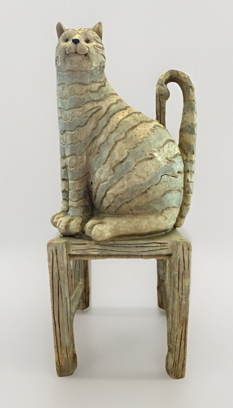 Rustic Folk Art Cat Sculpture Chair Heavy Resin Figurine Farmhouse Decor 9.2"x4”
